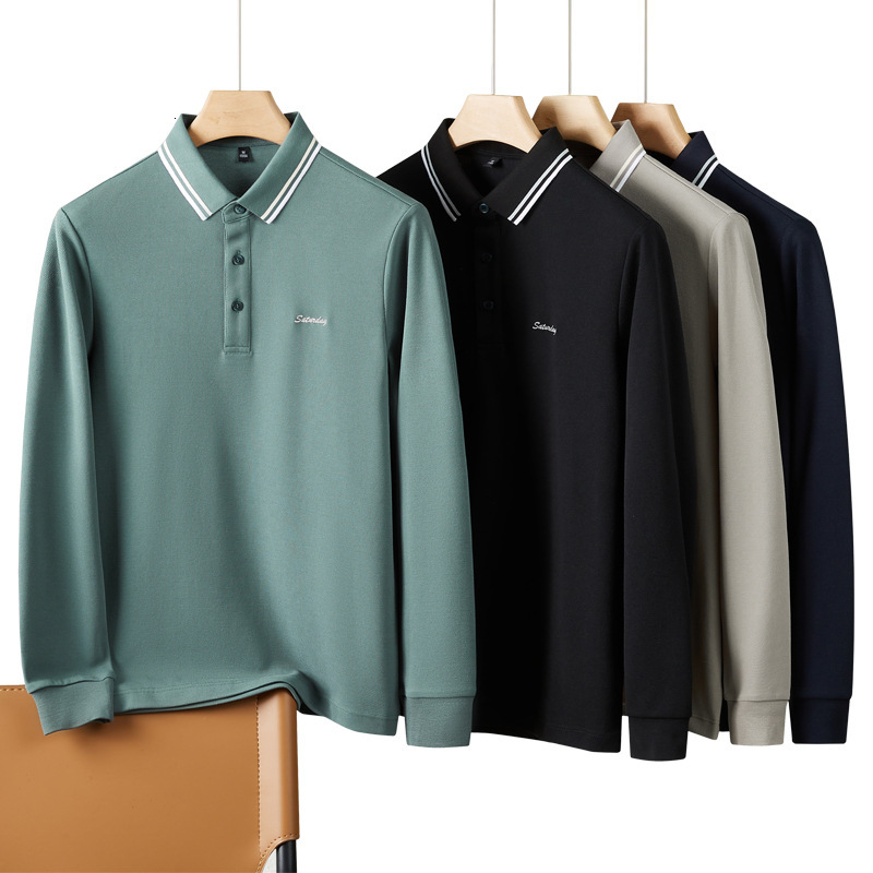 Mulberry silk long sleeved polo shirt men's embroidered business casual light luxury autumn and winter interior contrasting t-shirt tracksuit