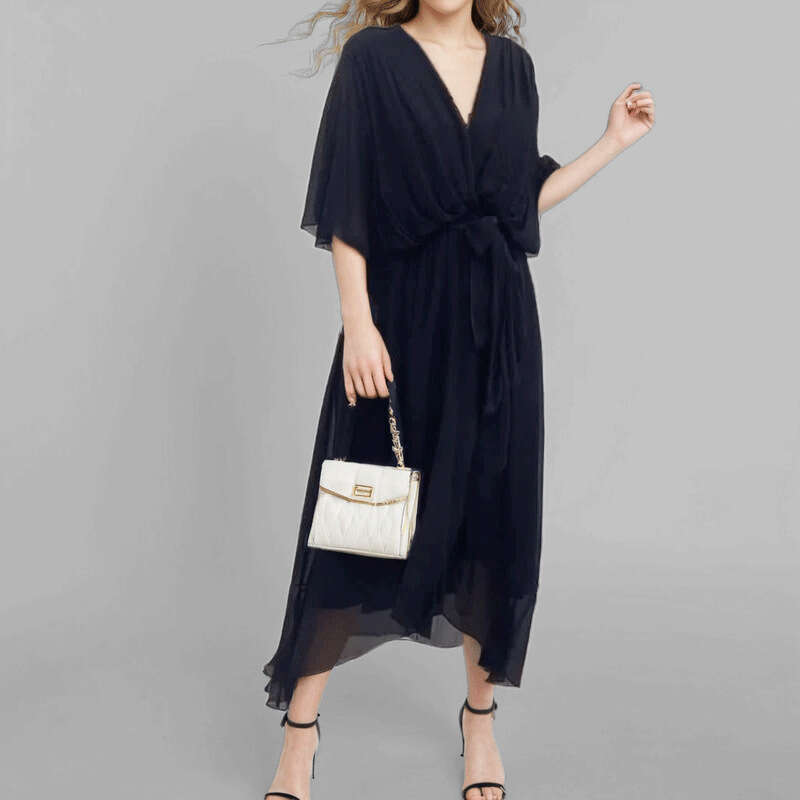 2025 Spring New Women's Solid Color Lace Up Deep V-Neck Long Dress With Bat Sleeves KLMY
