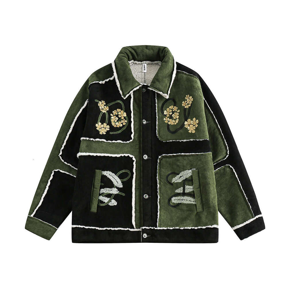 Jiayiku Trendy Brand 2024 New Winter Cotton Jacket With Flower Embroidery, Splitting Cutting, And Color Contrasting Lamb Fleece Coat