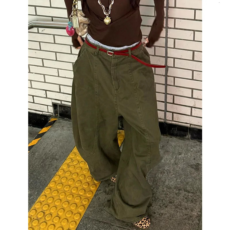 Green jeans womens retro high waisted straight Trouser loose Y2K 90 American streetwear wide leg classic 250311