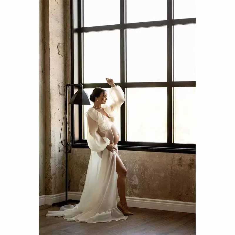 Maternity Dress Chiffon Maternity Dress Photoshot Long Sleeve Maternity Dress Photography Props Split Style Clothing X250224