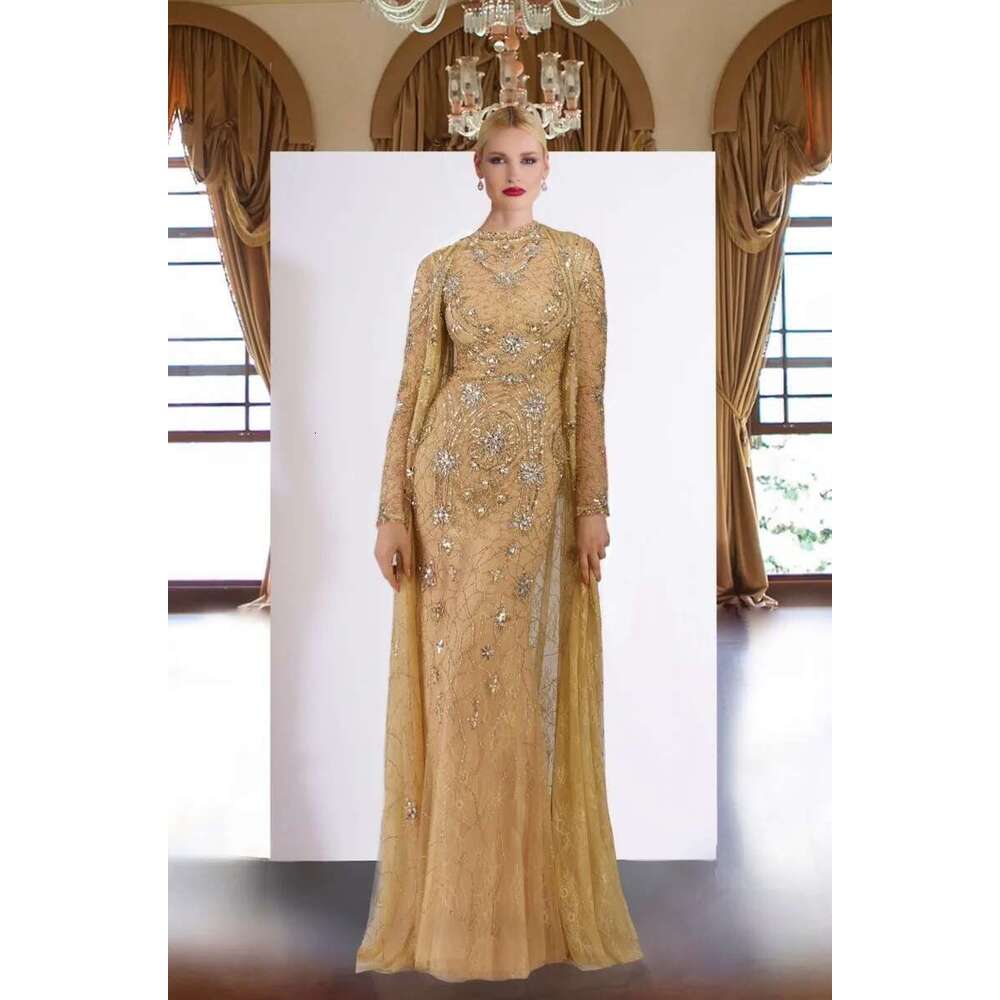 Mother of the Bride Dress in Gold and Lace Application with Cover, Beaded Bridal Dress, Plus Size, 2020