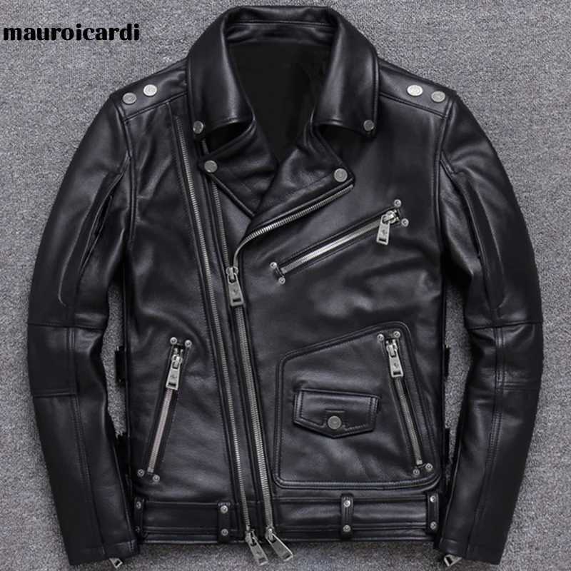 Mauroicardi Spring Black Pu Leather Motorcycle Jacket for Men Style Long Sleeve Zipper Pockets Mens Leather Jackets and CoatsT250311