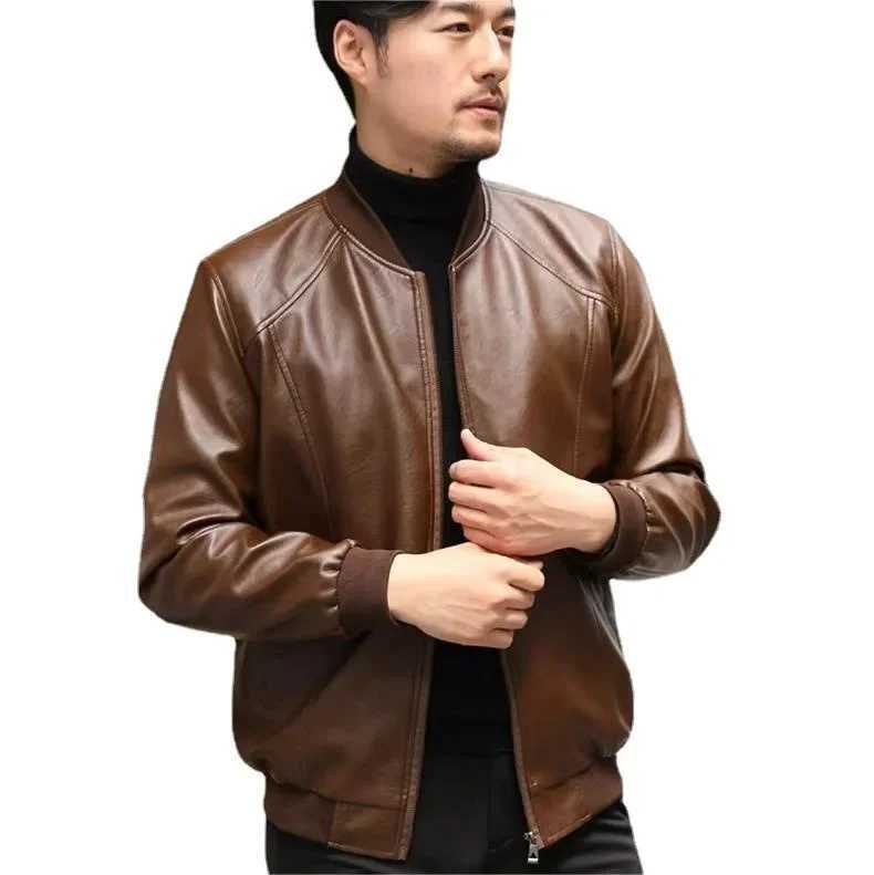 Casual Faux Leather Stand Collar Jacket For Men Thin Style Autumn/Winter Baseball Cap Pinned Leather VestT250311