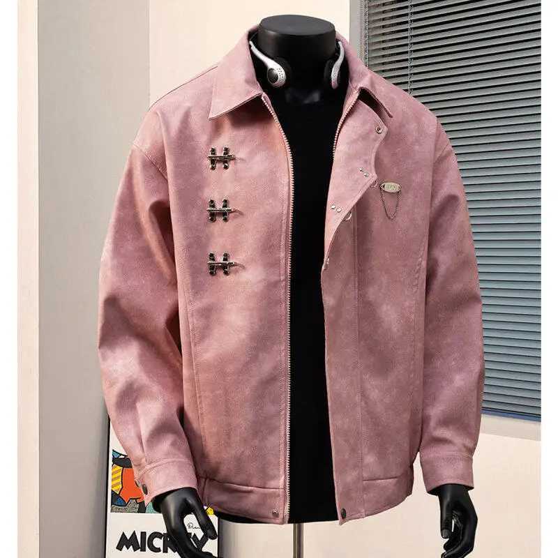 Pink Leather Jackets for Men Solid Hip Hop Punk High Street Faux Leather Coat Male Clothing FashionT250311