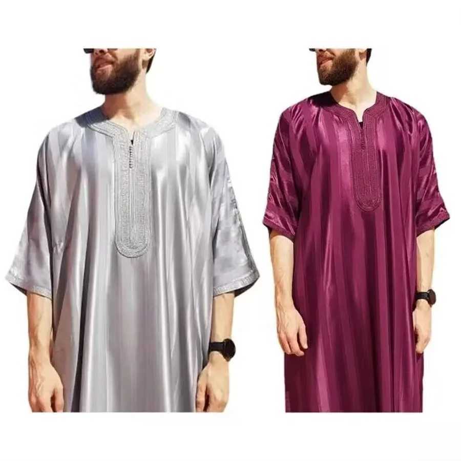 2025 New Men Muslim Abaya Islamic Clothing Mens Embroidered Striped Jubba Thobe Moroccan Dubai Kaftan Eid Prayer Robe DressXJ250310