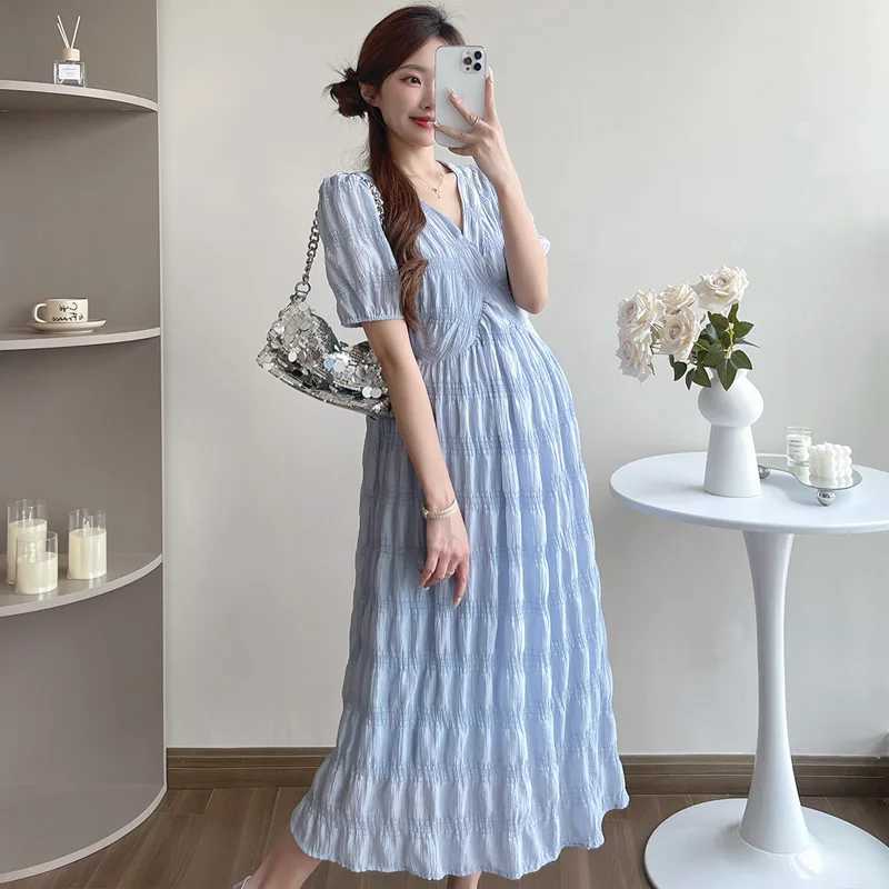 French Style Summer Maternity Pleated Dress High Waist V-neck Short Sleeve Pregnant Woman Elegant Dress Pregnancy Clothes LooseT250311