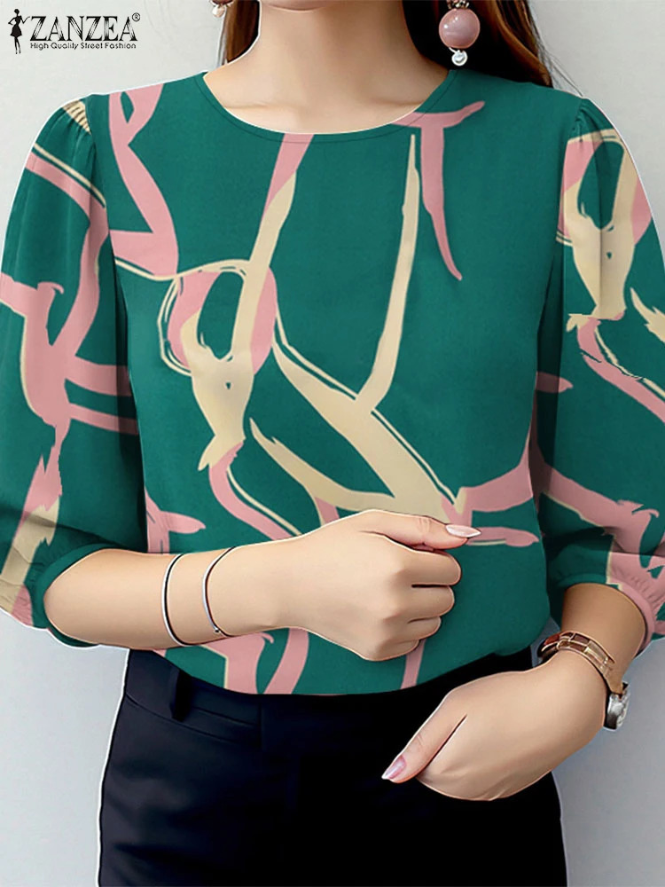 ZANZEA Womens Elegant 34 Sleeve Work Shirt Summer Printed Fashion Casual Holiday Blended Top Tuned Oversized 250311
