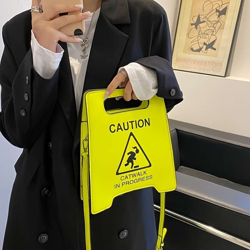 Warning Design Novelty Faux Leather Crossbody Bag, Creative Stop Sign Purse For Women