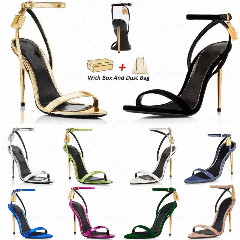 Sandals Padlock Pointy Naked Toe Shape Heels Designer Shoes Buckle Ankle Strap High Gold Silver Flesh Chalk Leather St 10gP#