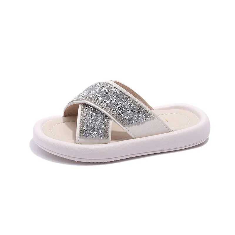 Summer Kids Slippers for Girls Rhinestone Beach Shoes Fashion Glitter Cross Belt Princess Shoes Comfortable Soft Sole SandalsT250311