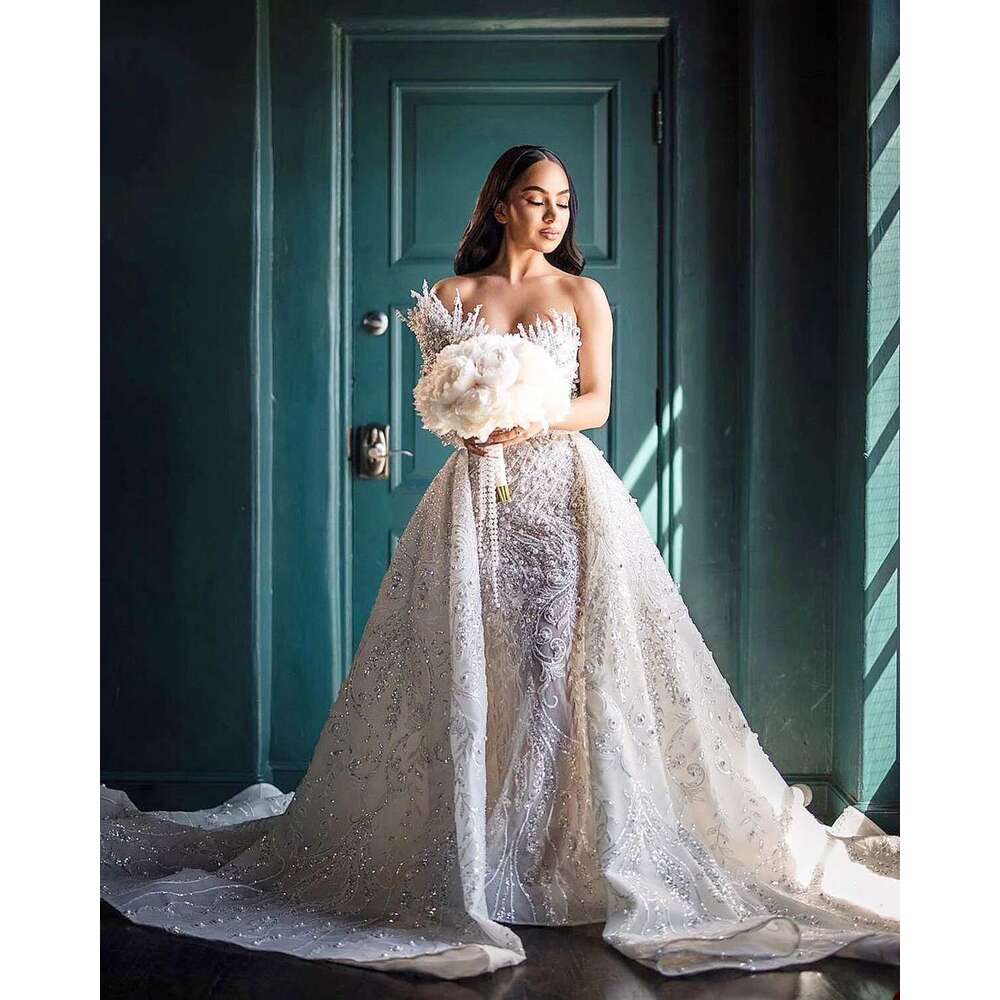 Elegant Dresses with Sequins, Exquisite V Neck, Pearls, Mermaid, Beading, One Shoulder, Wedding Dress