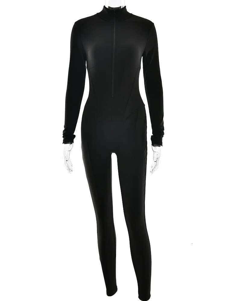 Nibber Zipper Women Jumpsuits Solid Skinny V-Neck Long Sleeves Autumn Winter Trend Classic Simple Comfortable Warm Sportswear