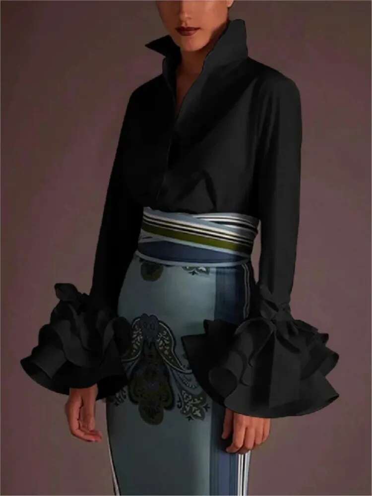 Design Fashion Lapel Long-Sleeved Single-Breasted Shirt Tops Women Autumn Solid Color Splicing Bell Sleeve Casual Shirts Female
