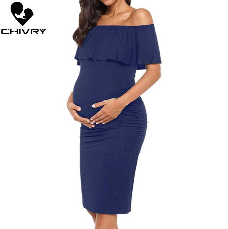 Chivry Pregnant Women Pregnancy Dress Fashion Short Sleeve Slash Neck Solid Ruffles Mom Dress Maternity Clothing Dresses X250224