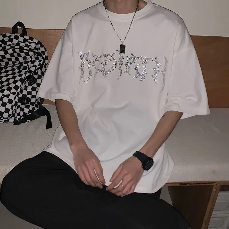 High Street Y2k Rhinestones Graphic Tops Summer Short sleeved Mens T-shirt Womens Loose Fashion Casual T-shirt 250310