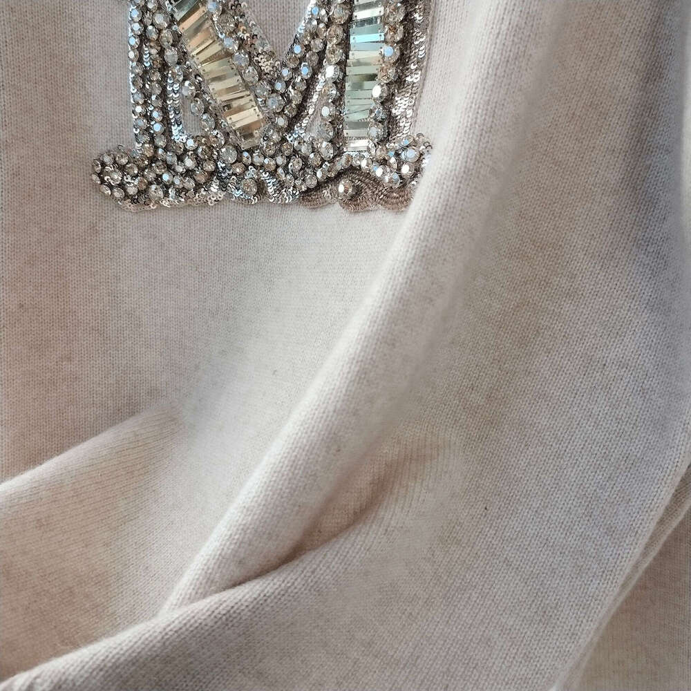 24 Year Autumn And Winter Handmade Embroidery Nail Bead Large M Letter Cashmere Women's Round Neck Long Sleeved Knitted Pullover Sweater