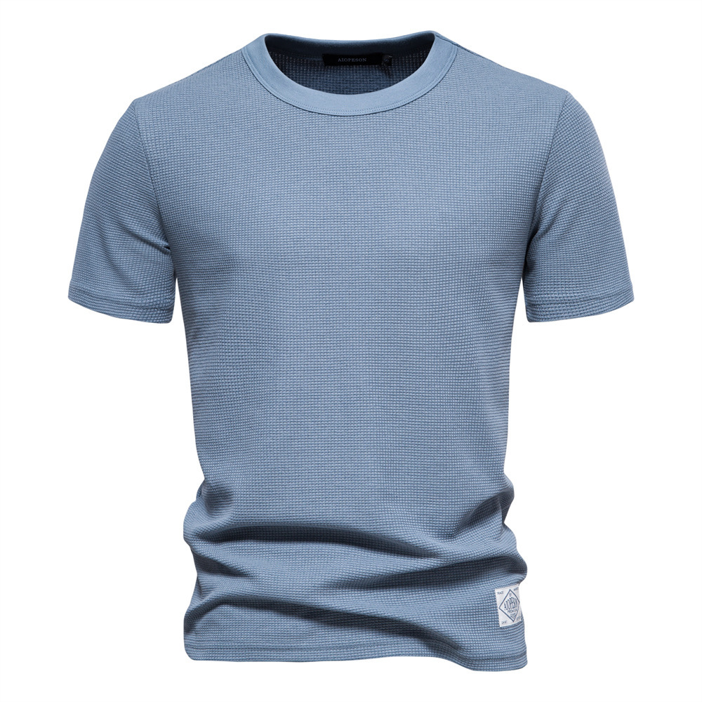 2025 Spring/Summer New European Size Waffle T-Shirt Men's Round Neck High Quality Basic Solid Color Knitted Bottom Shirt