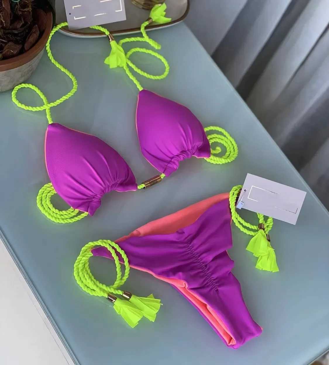 New Women Bikini Backless Rope Triangle Swimsuit Multicolor T250602