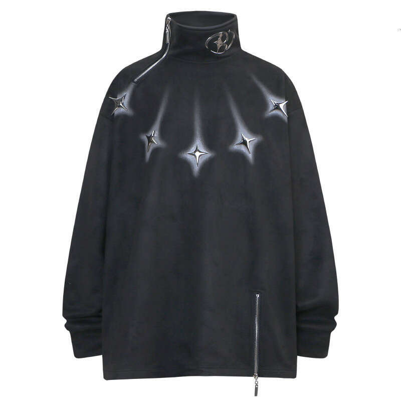 American Style Brand Design With Zipper Decoration, High Neck Hoodie For Men, Hip-Hop, Loose Fitting Trendy Brand, Explosive Street Suede Top