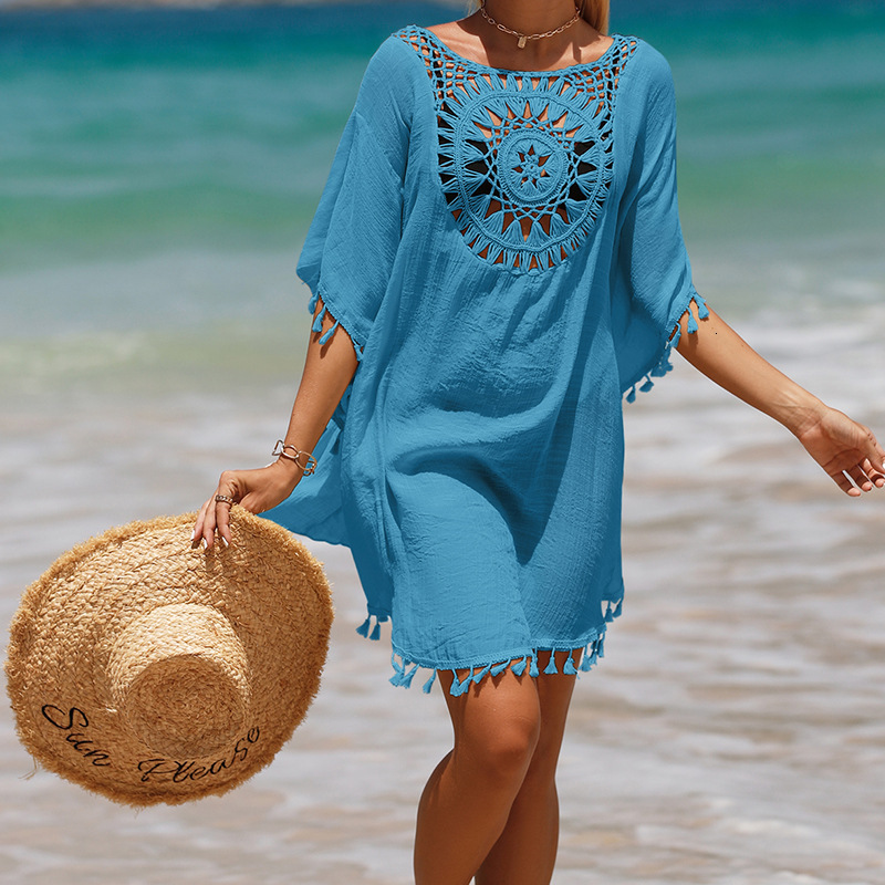 Vacation Hand Hook Solid Color Patchwork Skirt With Small Tassel Sun Protection Short Sexy Beach Cover Up