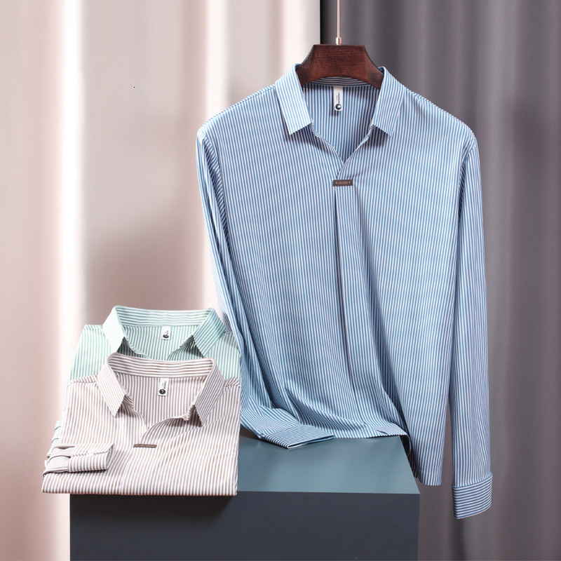 Long sleeved polo shirt men's business casual striped T-shirt collar Korean version high elasticity blue autumn and winter high-end feeling track