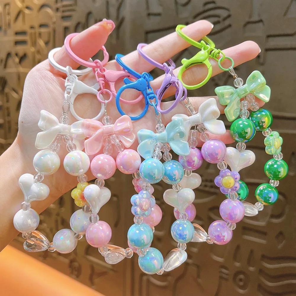 Creative Mobile Phone Strap Candy Color Beaded Car Keychain Bow Heart Bag Pendant Chain Lanyard 250311