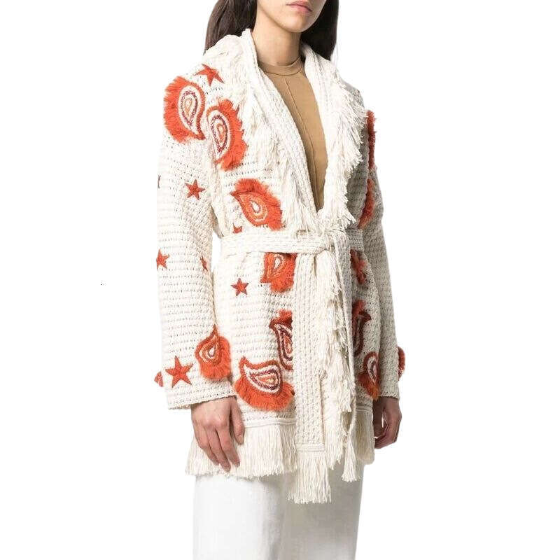 Australian Hand Hook Hollow Tassel Cardigan Niche Contrasting Color Cashew Flower Embroidery Knitted Jacket For Women