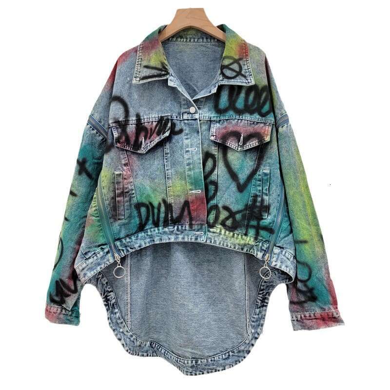 Street Hong Kong Style Silhouette, Short Front, Long Back, Graffiti, Plus Size, Loose, Irregular Denim Jacket, Women's Jacket