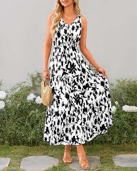 popular European American women's V-neck elastic waist casual sleeveless printed dress 2025 new style chic and elegant clothing