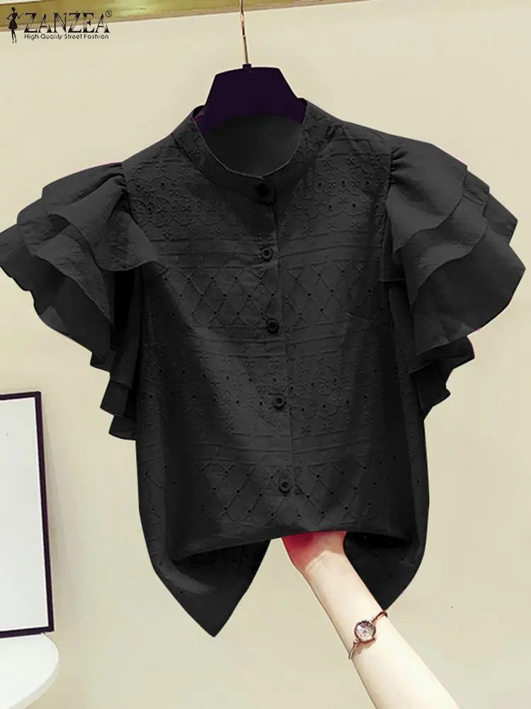 ZANZEA Korean Lace White Shirt Women Fashion Ruffle Short Sleeves Tops Summer ner Blouse Office Lapel Neck Buttons Top 250310