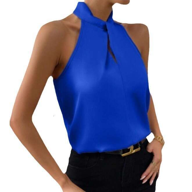 2025 Summer New Womens Colored Ding Hanging Neck Sleeveless Vest Satin Imitation Silk Top Slim Crop Top Casual Casual Slim Streetwear Womens T Shirt C