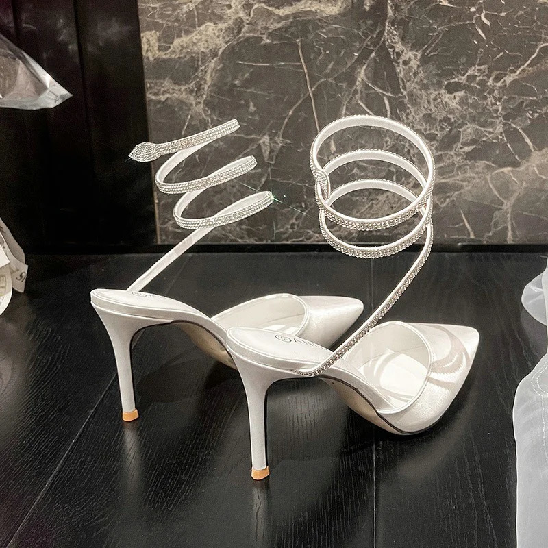 Roman Sexy Pointy Thin Heel Back Empty Single Shoe Rhinestone Snake Wrapped High Heels Wedding Shoes 250310
