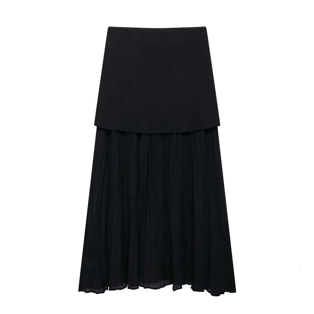 TRAFZA Women 2 Piece Set Chic V-Neck Sleeveless Button Knitted Vest Top+Splicing High Waist Side Zipper Ankle-Length Skirt TRAF