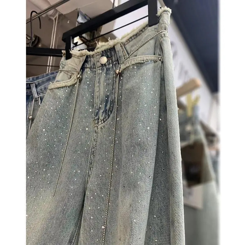 Heavy Embroidery Drilling Starry Raw Hem High Waist Jeans Womens Summer Thin Loose Fashion Mop Wide Leg Pants 250306