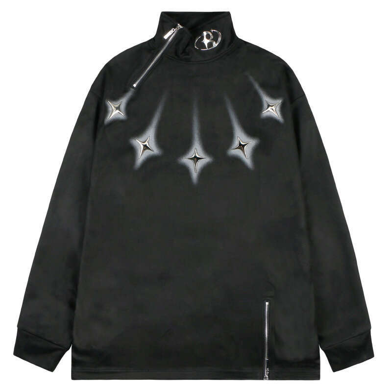 American Style Brand Design With Zipper Decoration, High Neck Hoodie For Men, Hip-Hop, Loose Fitting Trendy Brand, Explosive Street Suede Top