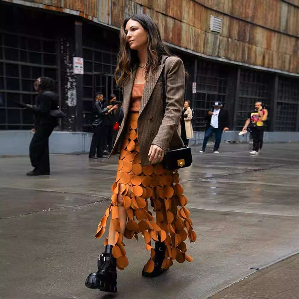 Fashionable Design Long Hip Bag 2024 Spring New Collection Splicing Round Disc Tassel High Waist Skirt