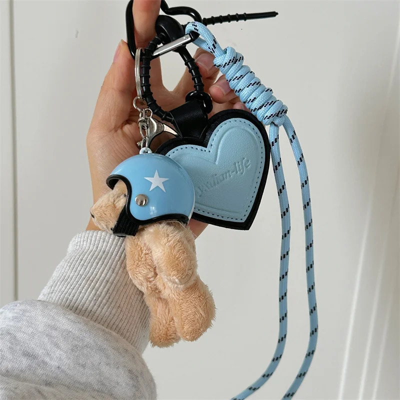 Cute Helmet Bear Pendant DIY Personality Car Key Chain Decoration Charm Woven Rope Hanging Mobile Phone Ring Bag Accessories 250311