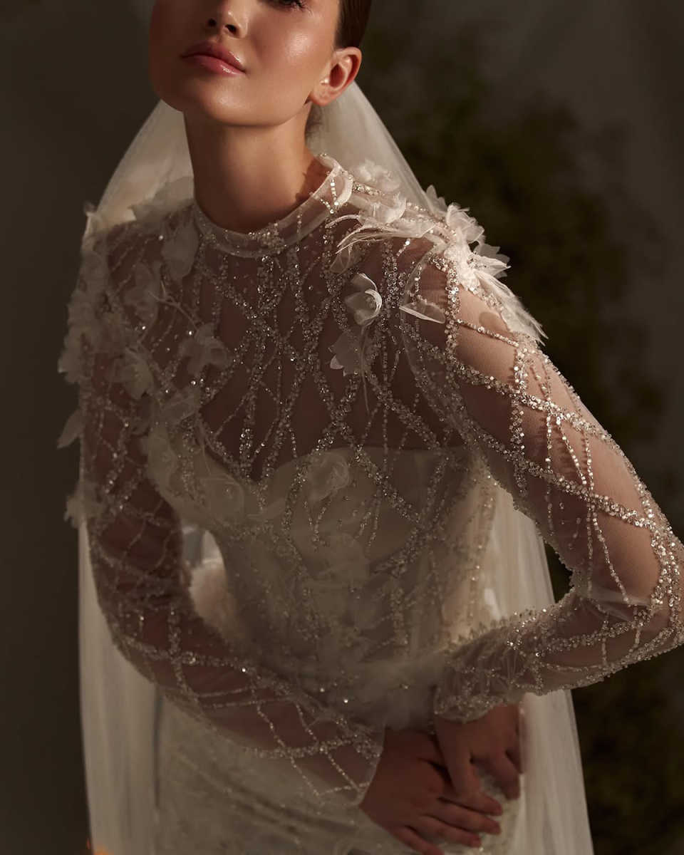 Designer Mermaid Wedding Dress High Collar Long Sleeves Bridal Gowns Appliques Sequins Sweep Train Dresses Custom Made vestidos de novia