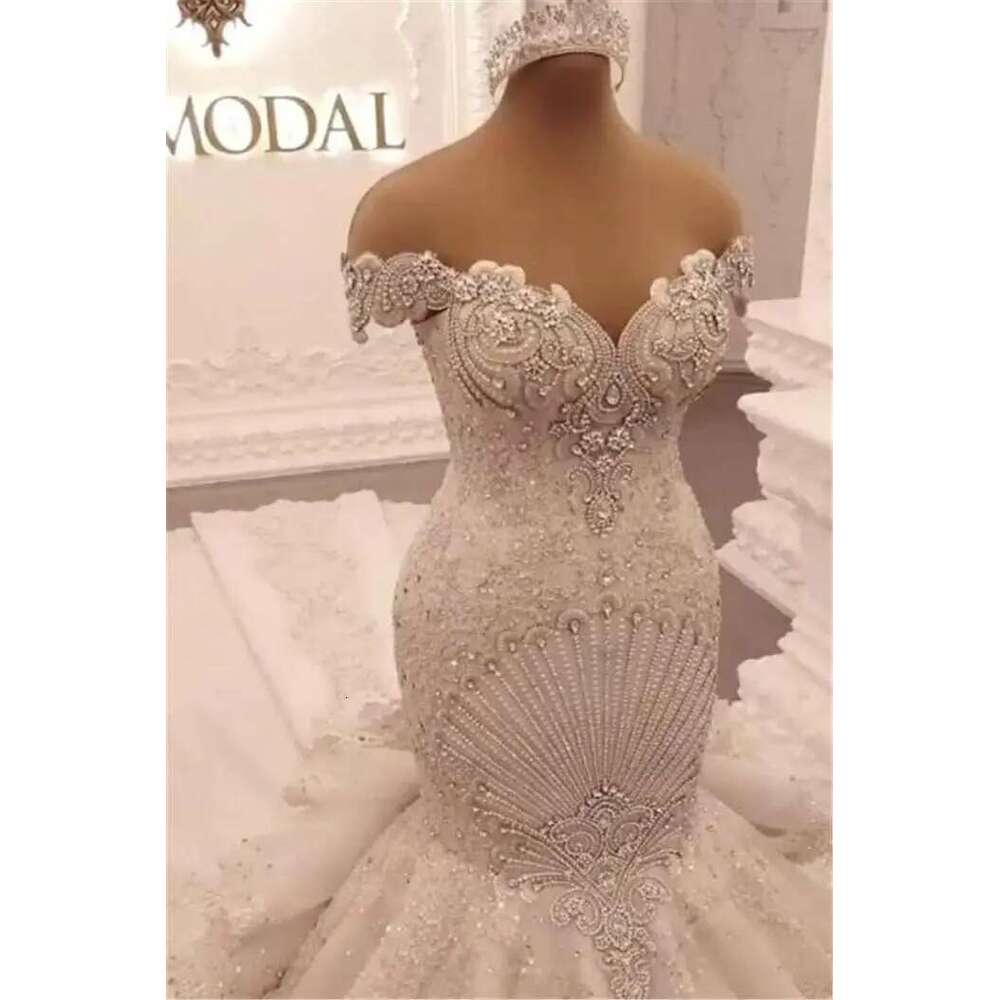 with Beads and Mermaid, Wedding Dresses, Lace Appliques 2021, Off Shoulder, Sweep Train, Arabic Dress