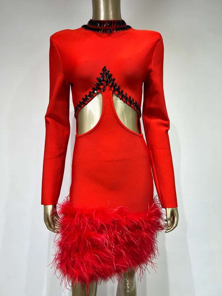Women Sexy Long Sleeve Beading Feather Red Mini Bandage Dress Celebrity Elegant Evening Party Club Clothing