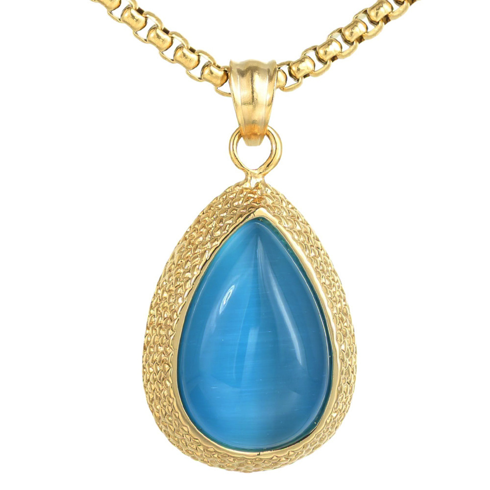 Classic Stainless Steel Cat Eye Stone Waterdrop Pendant Necklace Sweater Chain