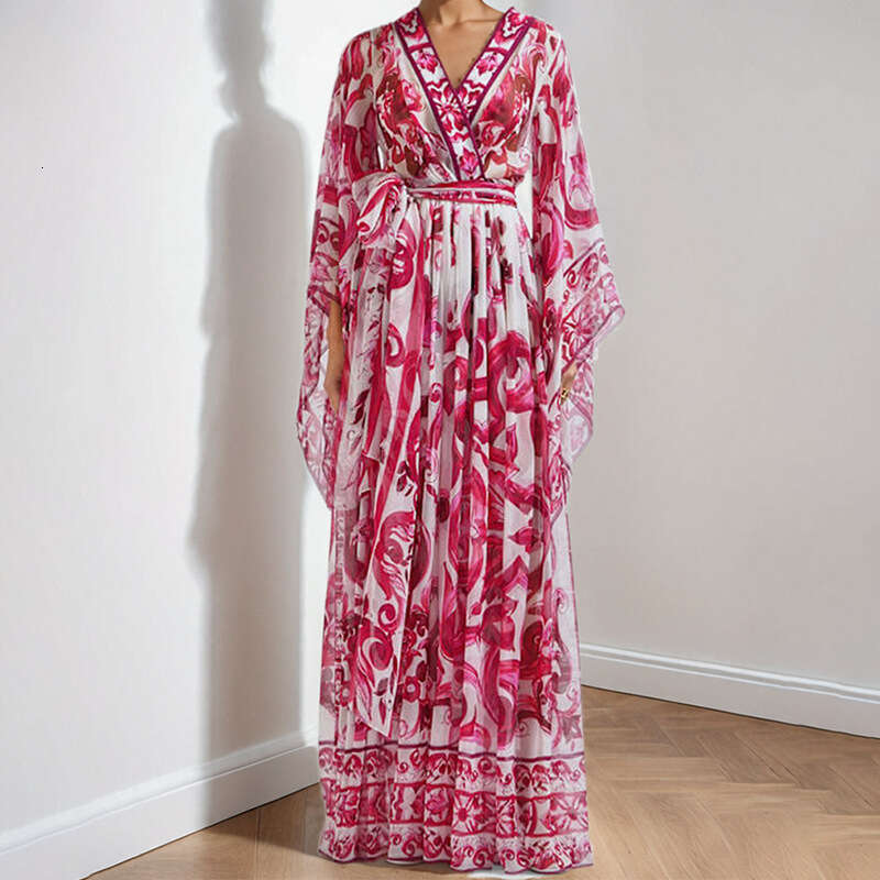 Women's Clothing 2025 Blue White Porcelain Printed Skirt Women, Showing A Slim Elegant Temperament, Long Sleeved And Large Swing Dress For Women 