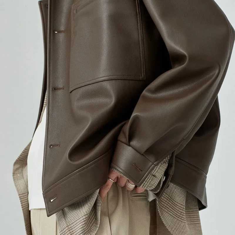 Autumn Winter Fashion Turn-down Collar Long Sleeve Solid Retro Leather Jackets Mens Clothing Rib Sleeven Korean All-match TopsT250311