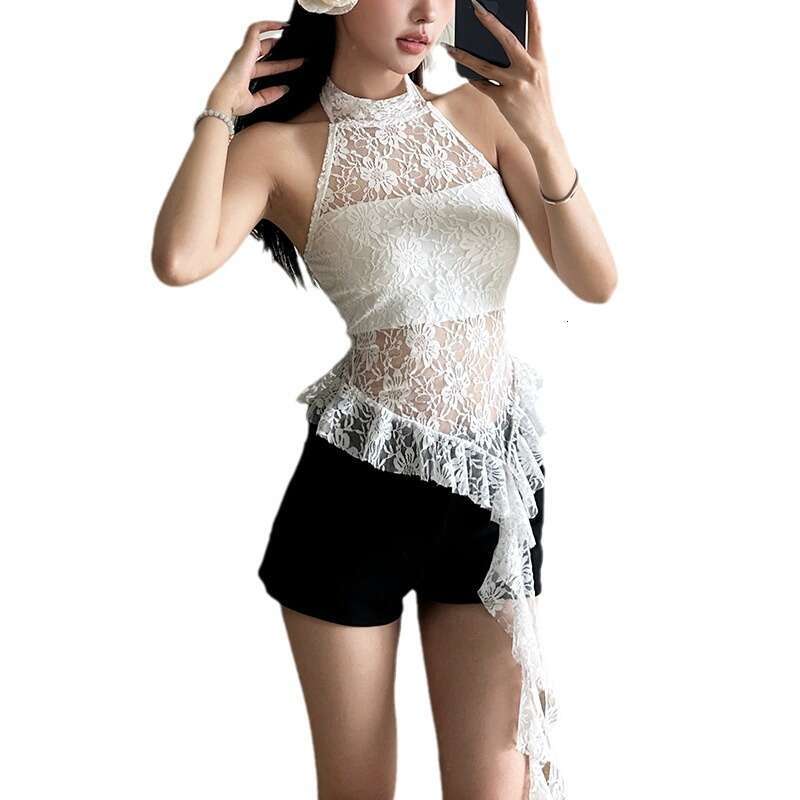 European and American style summer women's pure desire round hanging neck hollow out backless irregular edge small vest 2025 new casual fashion t