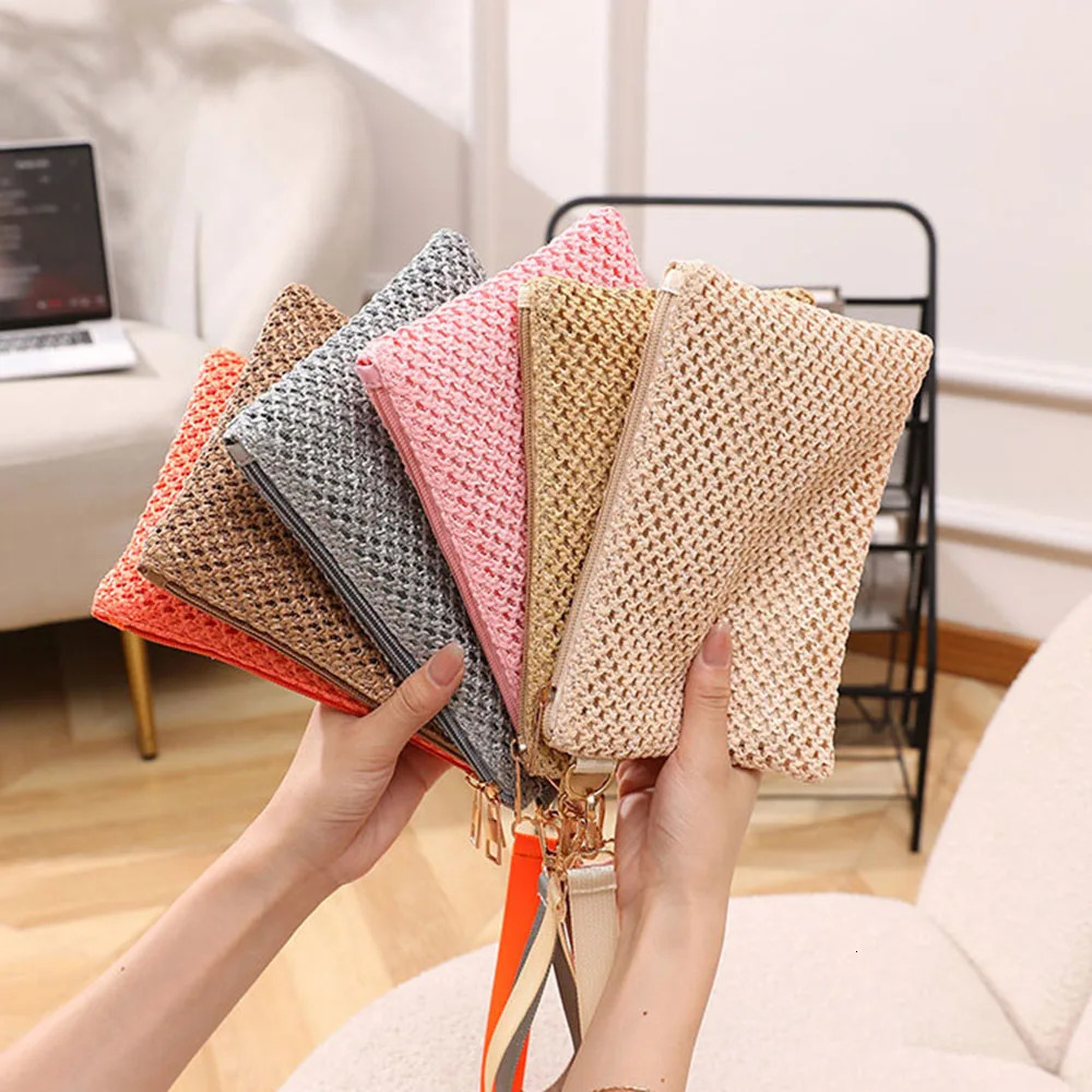 Fashion Ladies Wide Wrist Strap Clutch Weaving Bag Women Money Phone Clutch Straw Woven Coin Purse Summer Beach Wallet Bolsa R250311