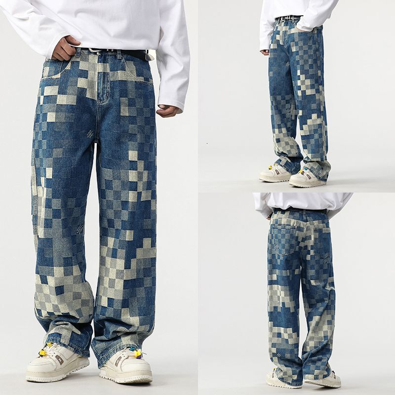 2025 Hot Selling Fashion Designer Men s American Jeans Men s Mosaic Chessboard Popular Pattern Straight Tube Loose Pants Outdoor Casual Skateboarding 