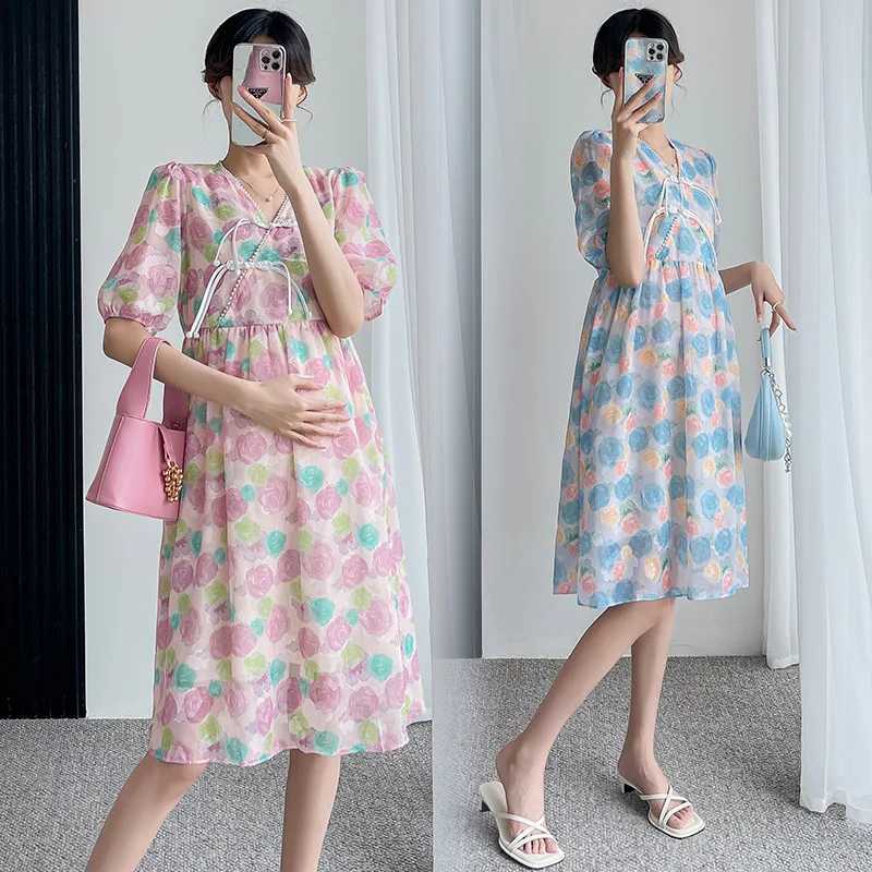 Retro Maternity Dresses Temperament Ladies Summer Loose Mid-length Breathable V-neck 2022 Pregnancy Clothes for Photos Shoot NewT250311