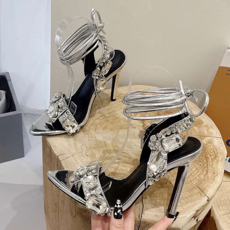 Eilyken Golden Ankle Lace-Up Women Sandals Summer Sexy Crystal Rhies Pointed Toe Wedding Party Shoes Ladies Stilettos