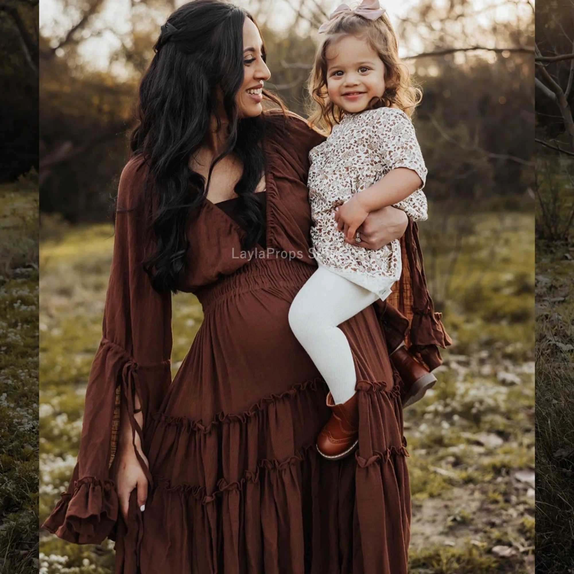 Maternity Dresses For Photoshoot Bohemian Photography Linen Cotton with Deep V-Neck Ruffled Lace Long Sleeves X250224